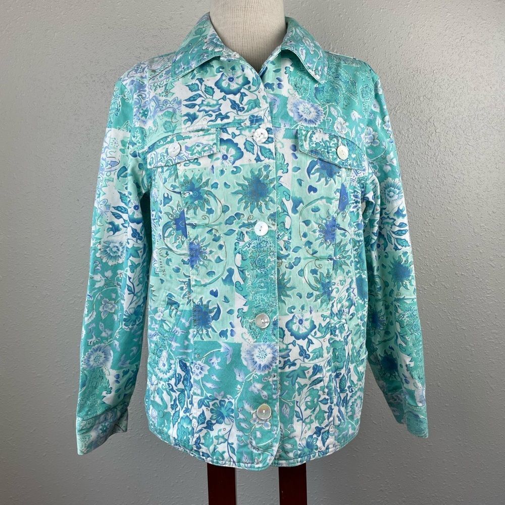 Tradition Country Collection Denim Floral Button Down Jacket Size 12 EUC